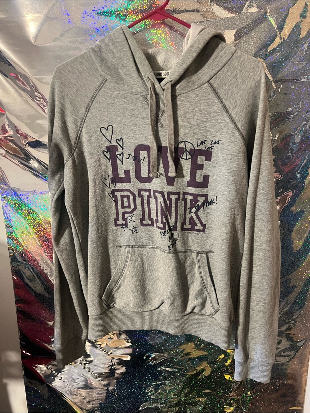 Victoria's Secret PINK Gray Hoodie with Purple 'LOVE PINK' Graphic